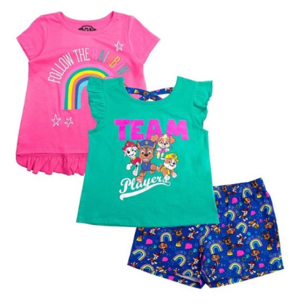 Paw Patrol Team Player Pink & Teal Shorts Set w/ 2 tops Toddler Girl’s Size 2T